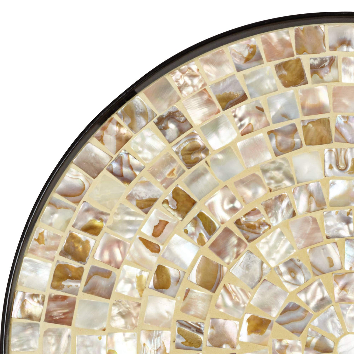 Teal Island Designs Mother of Pearl Modern Black Metal Round Outdoor Accent Side Table 14" Wide Natural Mosaic Tile Tabletop Gracefully Curved Legs for Spaces Porch Patio Home House Balcony Deck - Bircata