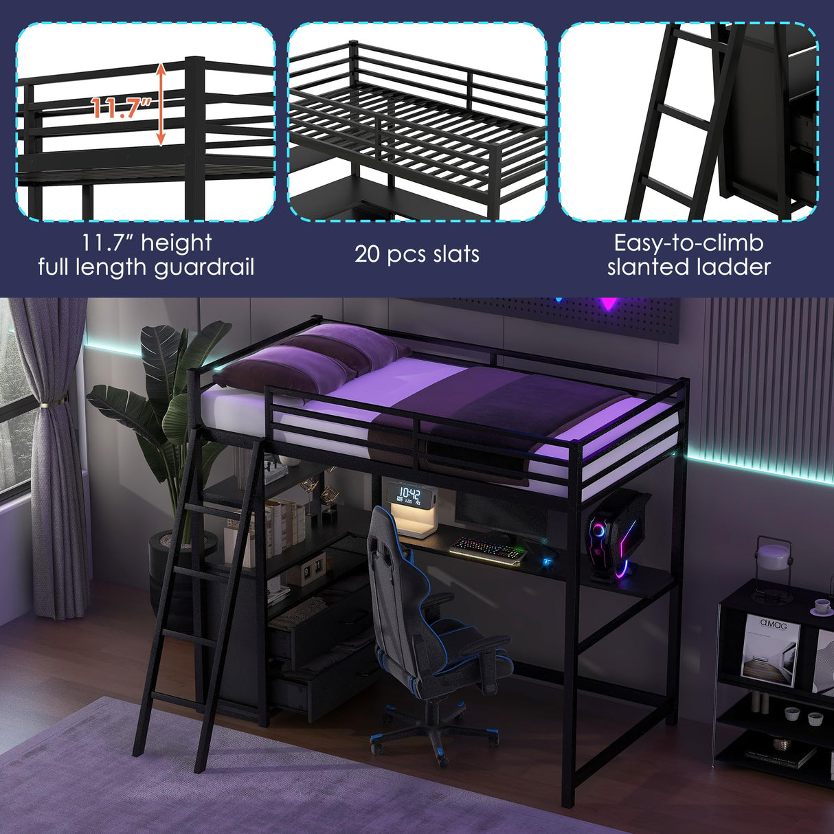 Kid’s Twin Metal Loft Bed with Desk and Cabinet Loft Bed