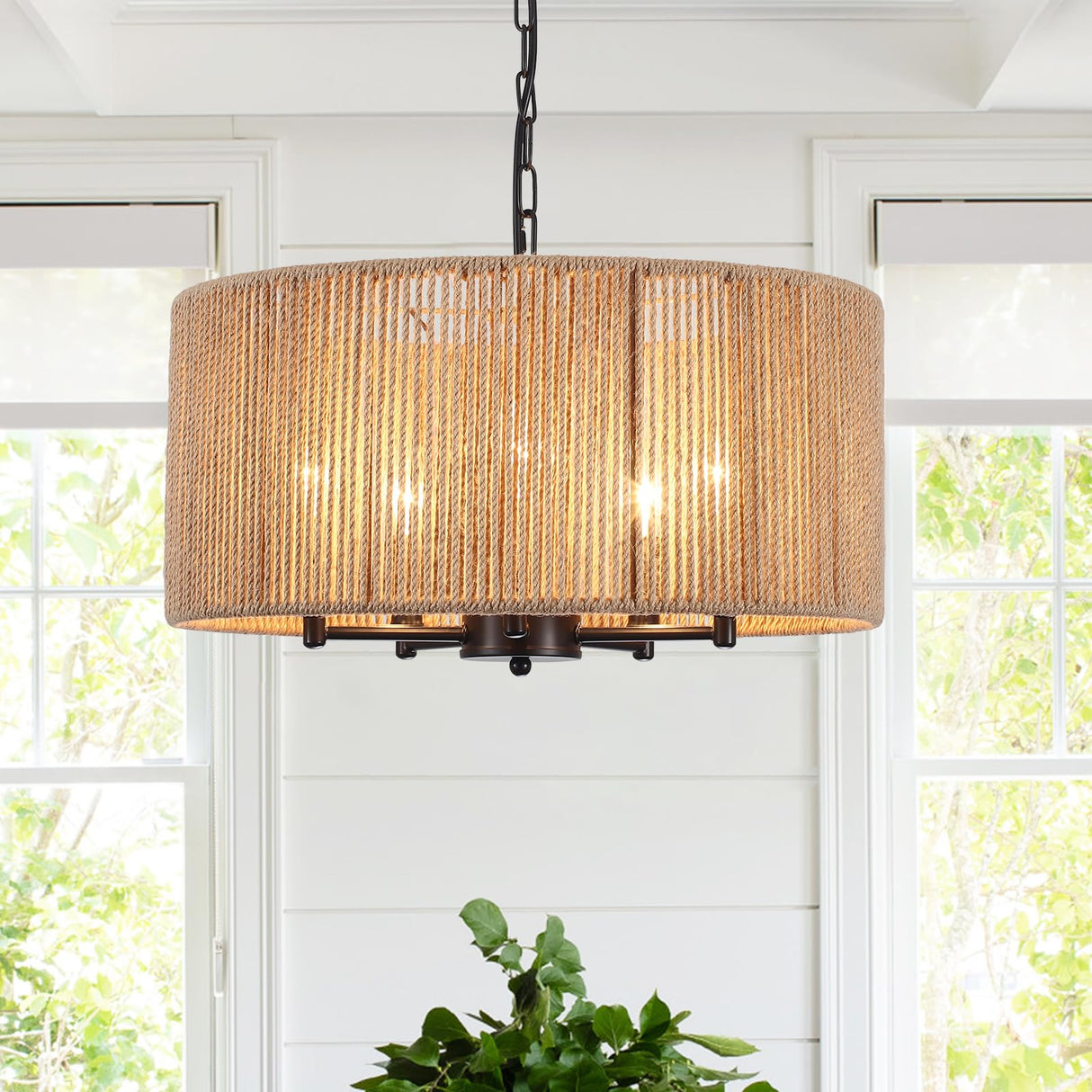 5-Lights Boho Chandelier 19.25 Inch Rattan Chandeliers for Dining Room Wicker Pendant