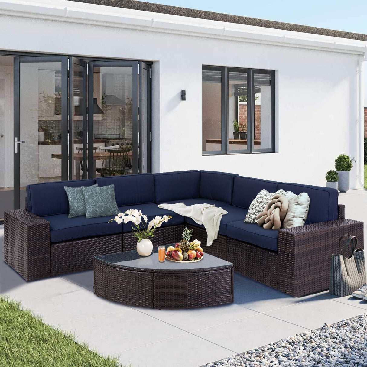 6 Pieces Outdoor Sectional Sofa Patio Wicker Furniture Chair Conversation Set