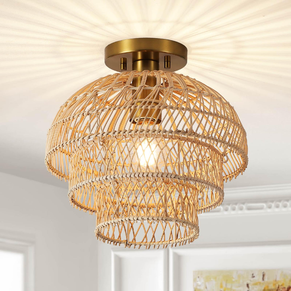 12'' Rattan Ceiling Light Fixtures Boho Chandelier Rattan Semi Flush Mount Ceiling Light