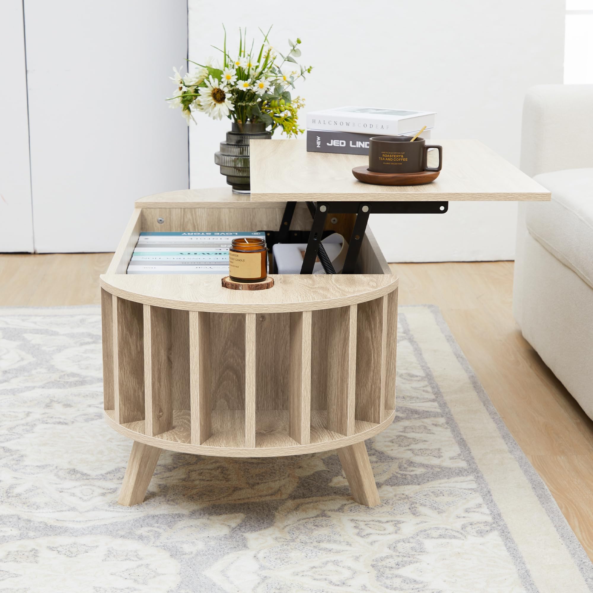 47.3" Lift Top Coffee Table with Hidden Storage, Small End Table with Curved Edge Design