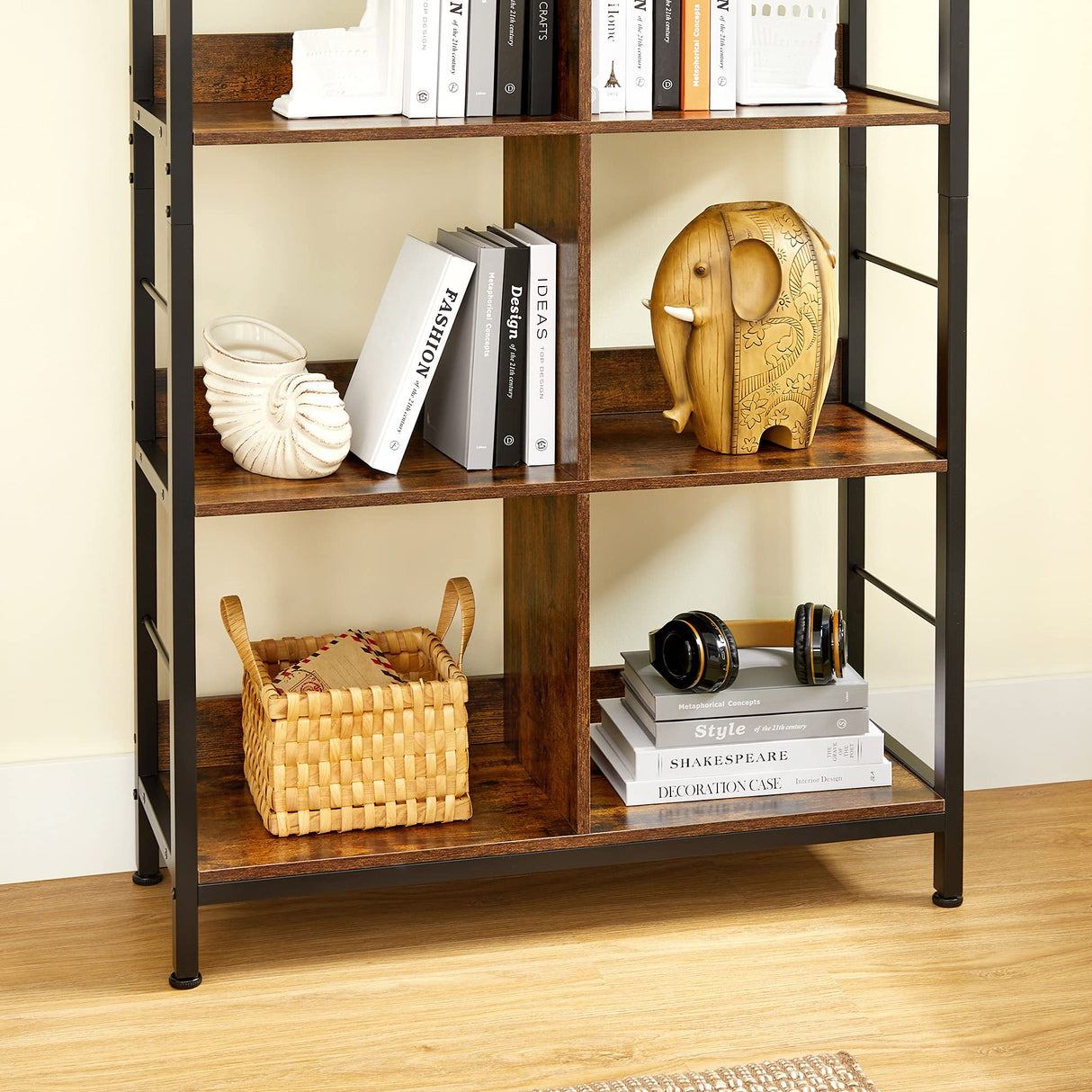 Industrial 8-Compartment Bookshelf, 4-Tier Bookcase with 8 Open Slots, Display Storage Rack, for Office, Living Room, Bedroom, 31.5 x 13 x 58.7 Inches, Rustic Brown and Black ULLS105B01