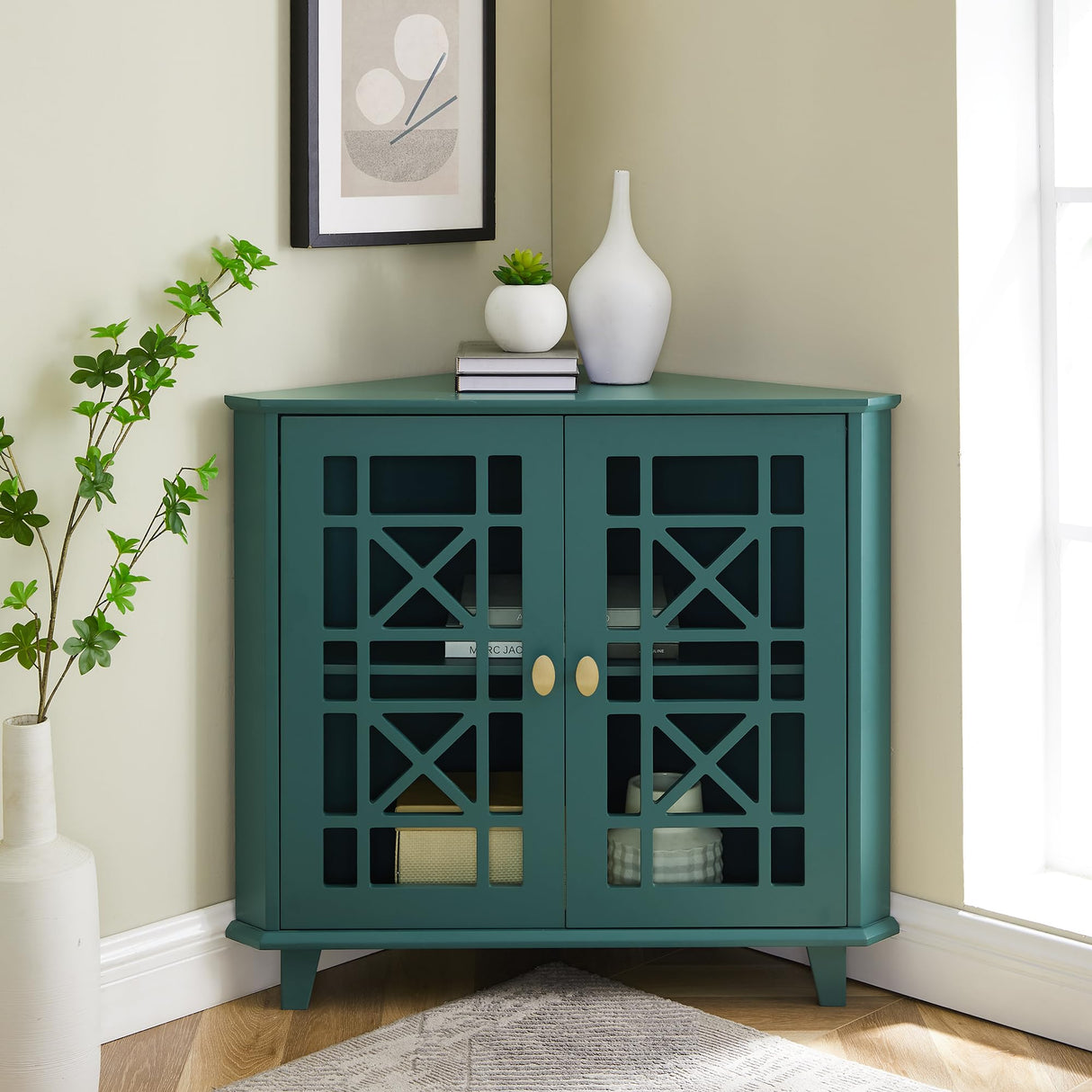 Edison Ronne 32 Inch 2 Door Corner Accent Table with Fretwork Detail - Dark Teal