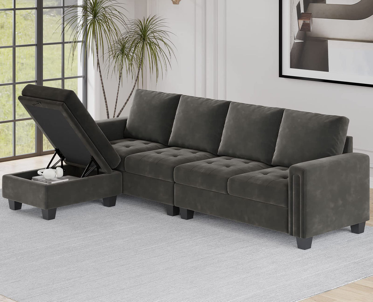 Velvet Reversible Sectional Sofa with Chaise Convertible L Shaped 4-seat Sectional