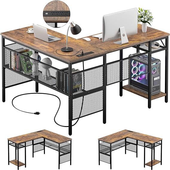 L Shaped Desk with USB Charging Port and Power Outlet
