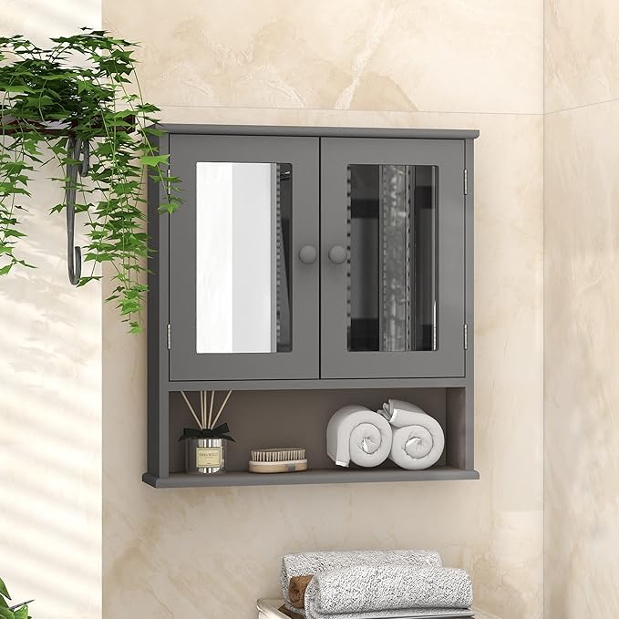 Black Medicine Cabinet, 2 Doors 3 Open Shelf, Wall Mounted Wooden Storage Cabinet