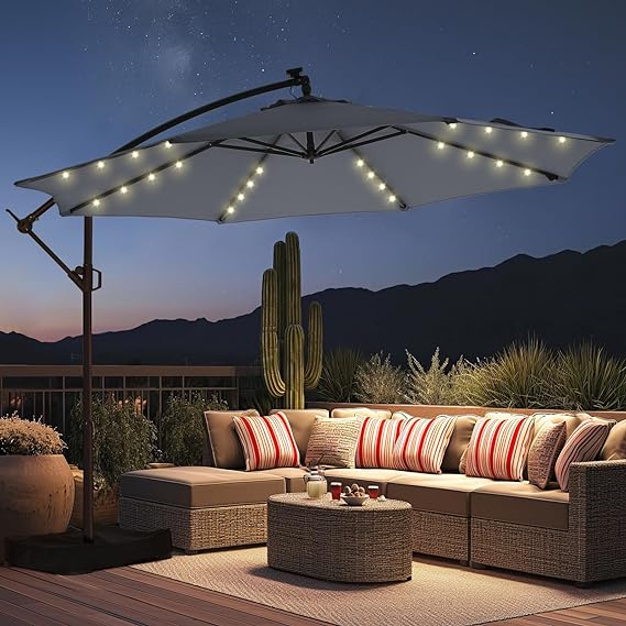 10ft Solar Lights Offset Cantilever Patio Umbrella - w/Light and Base