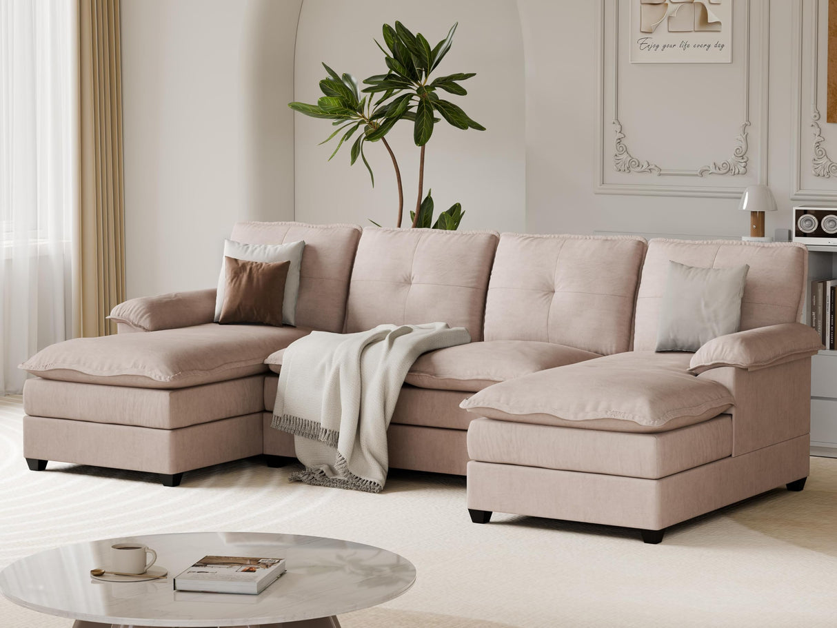 Vongrasig Sectional Couches for Living Room, Comfy Cloud Couch with Chaise 110" U-Shaped Sofa 4-seat Modular Sofa Large Sectional Couch with Ottoman for Living Room (Khaki)