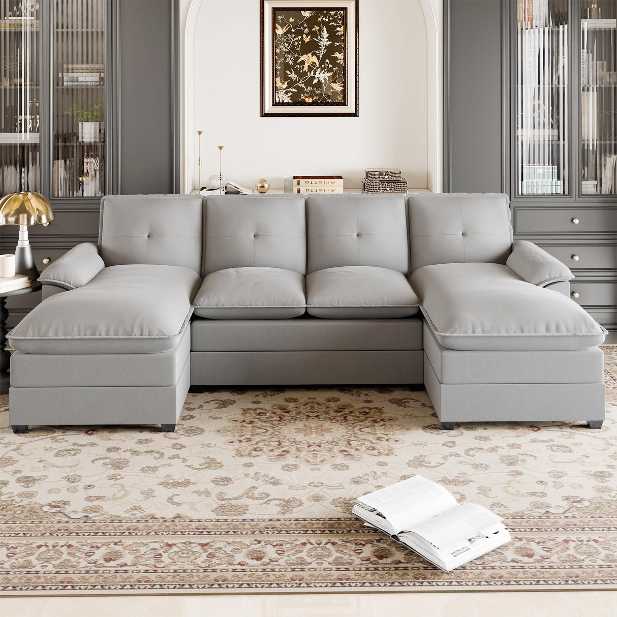 Shintenchi 110" U-Shaped Sectional Sofa with Double Chaise – 6 Colors