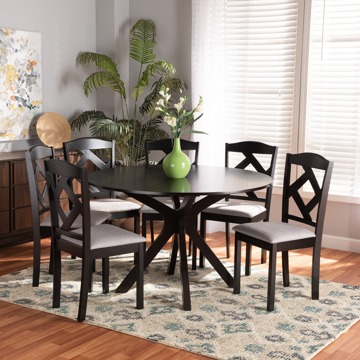 Modern Transitional Grey Fabric Upholstered and Dark Brown Finished Wood 7-Piece
