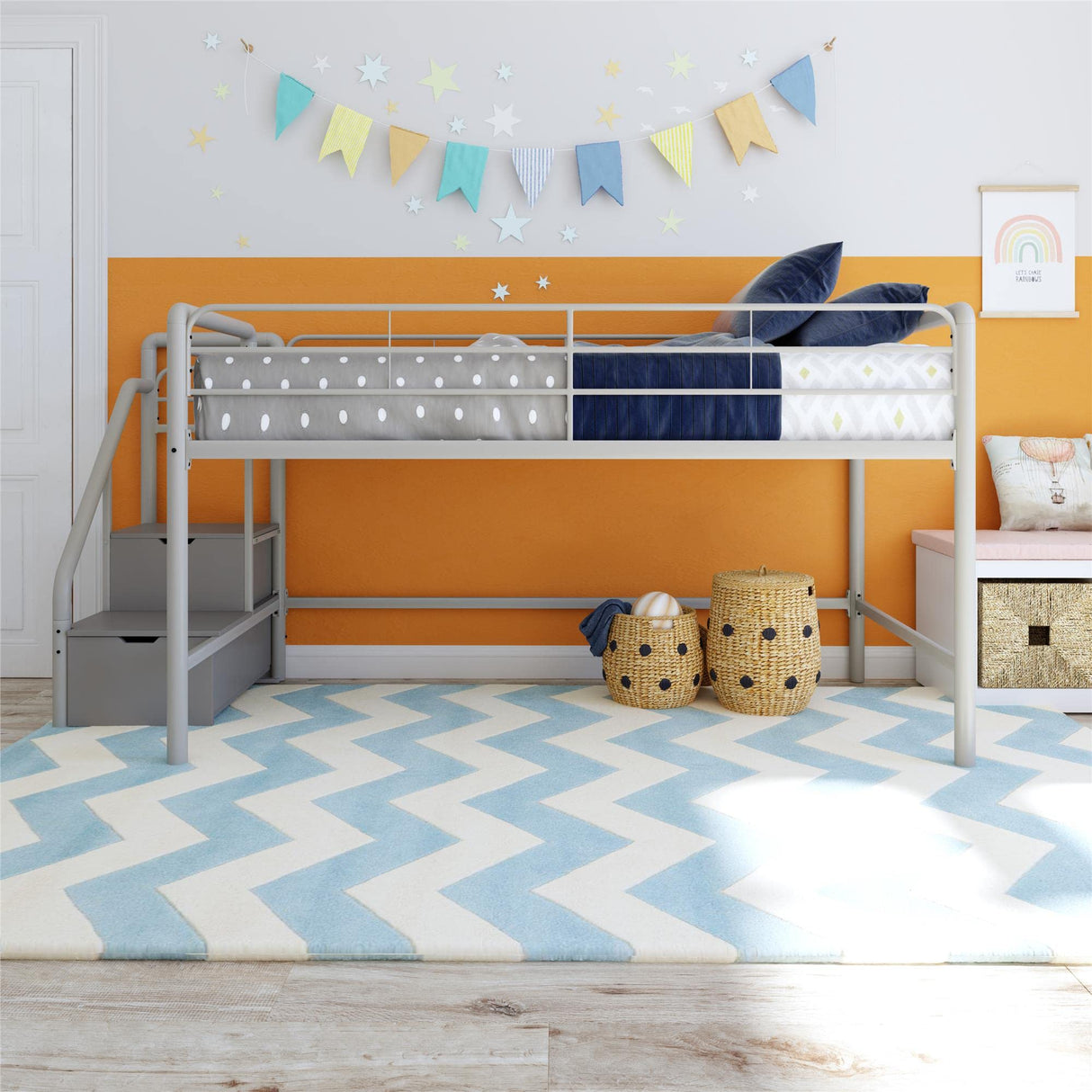 Junior Twin Metal Loft Bed with Storage Steps