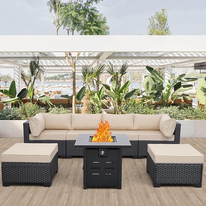 7 Pieces Outdoor PE Wicker Furniture Set Patio Rattan Sectional Conversation Sofa Set