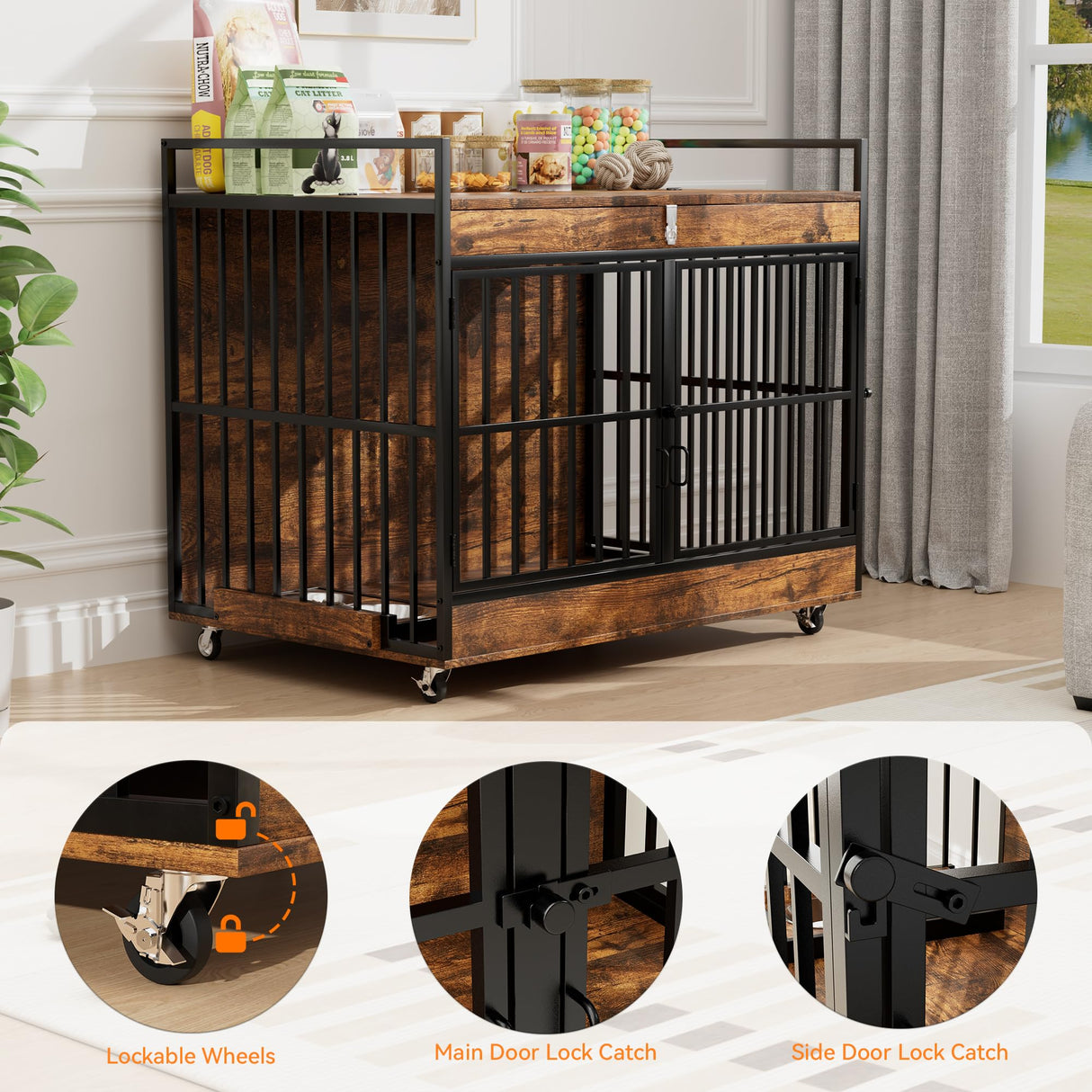 45" Heavy Duty Dog Crate Furniture with Stainless Steel Bowls