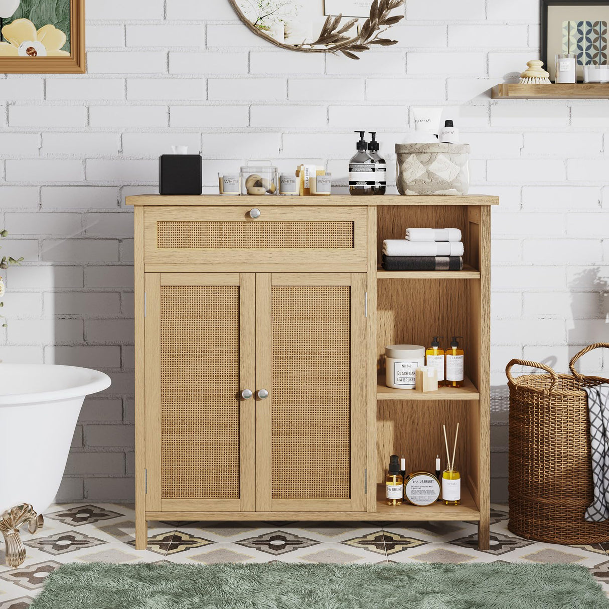 Bathroom Cabinet with Rattan Doors, Bathroom Floor Cabinet with Open Storage &
