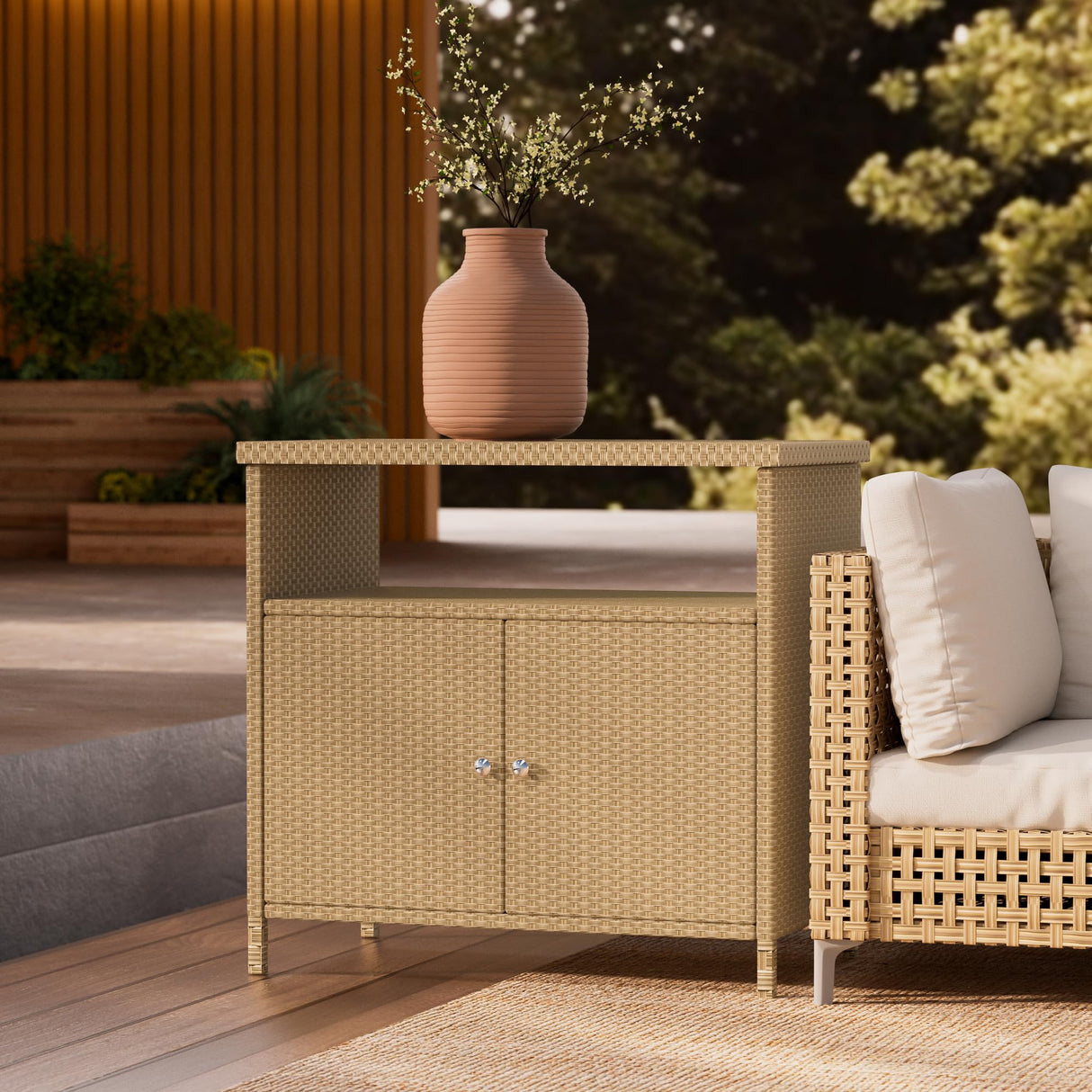 Outdoor Storage Cabinet with Walnut Wood Tabletop Weatherproof Wicker Buffet Cabinet