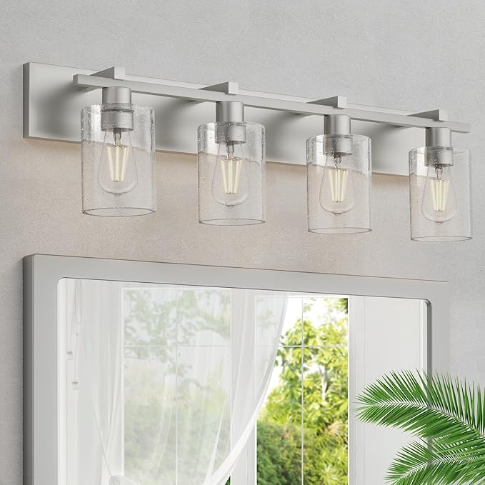 Bathroom Vanity Light, 3 Light Brushed Nickel Bathroom Light Fixture with Thickened Seeded Glass