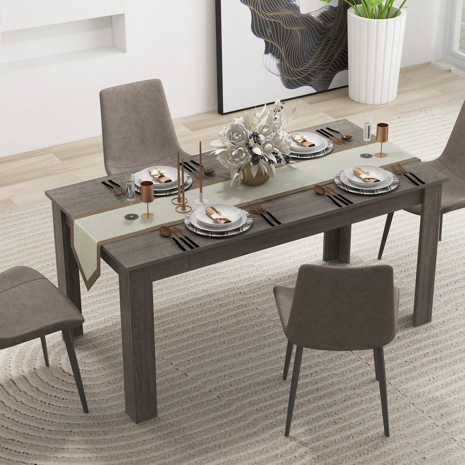 Dining Table for 4-6 People, 63” Modern Kitchen Table with L-Shaped Legs, 330 lbs Weight Capacity