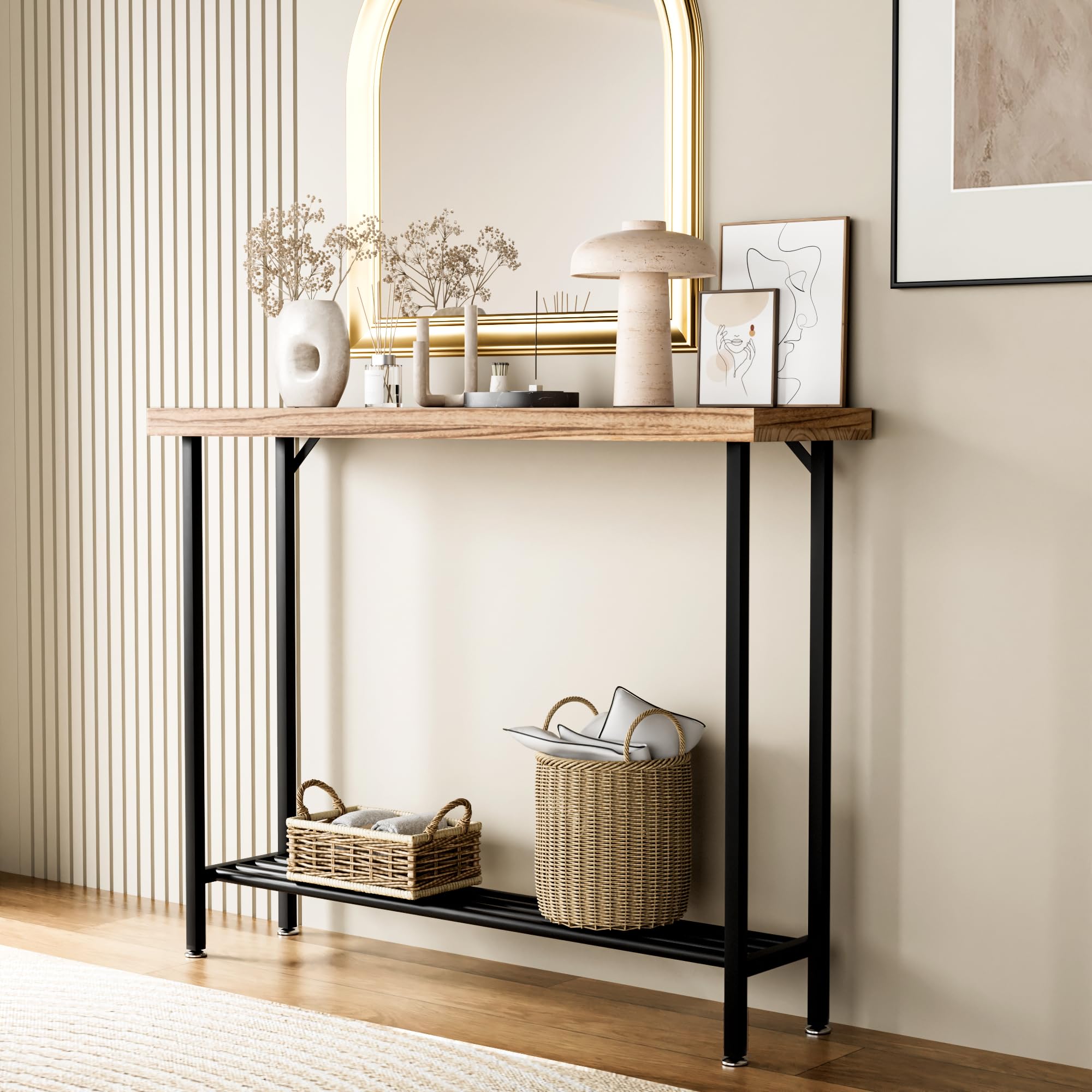Industrial Solid Wood Console Table, 2 Tier Entryway Table with Storage Shelves