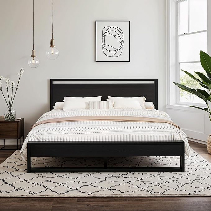 Sturdy Metal and Wooden Bed Frame with Headboard and Footboard
