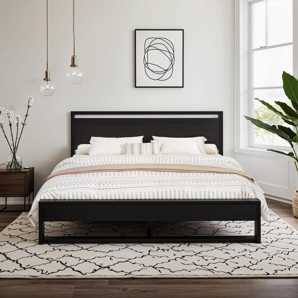 Sturdy Metal and Wooden Bed Frame with Headboard and Footboard