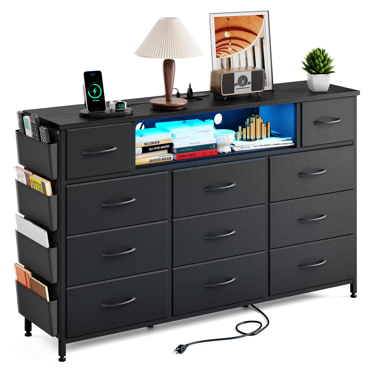 Black Dresser for Bedroom with Power Outlets and LED Lights 11 Drawers Dresser