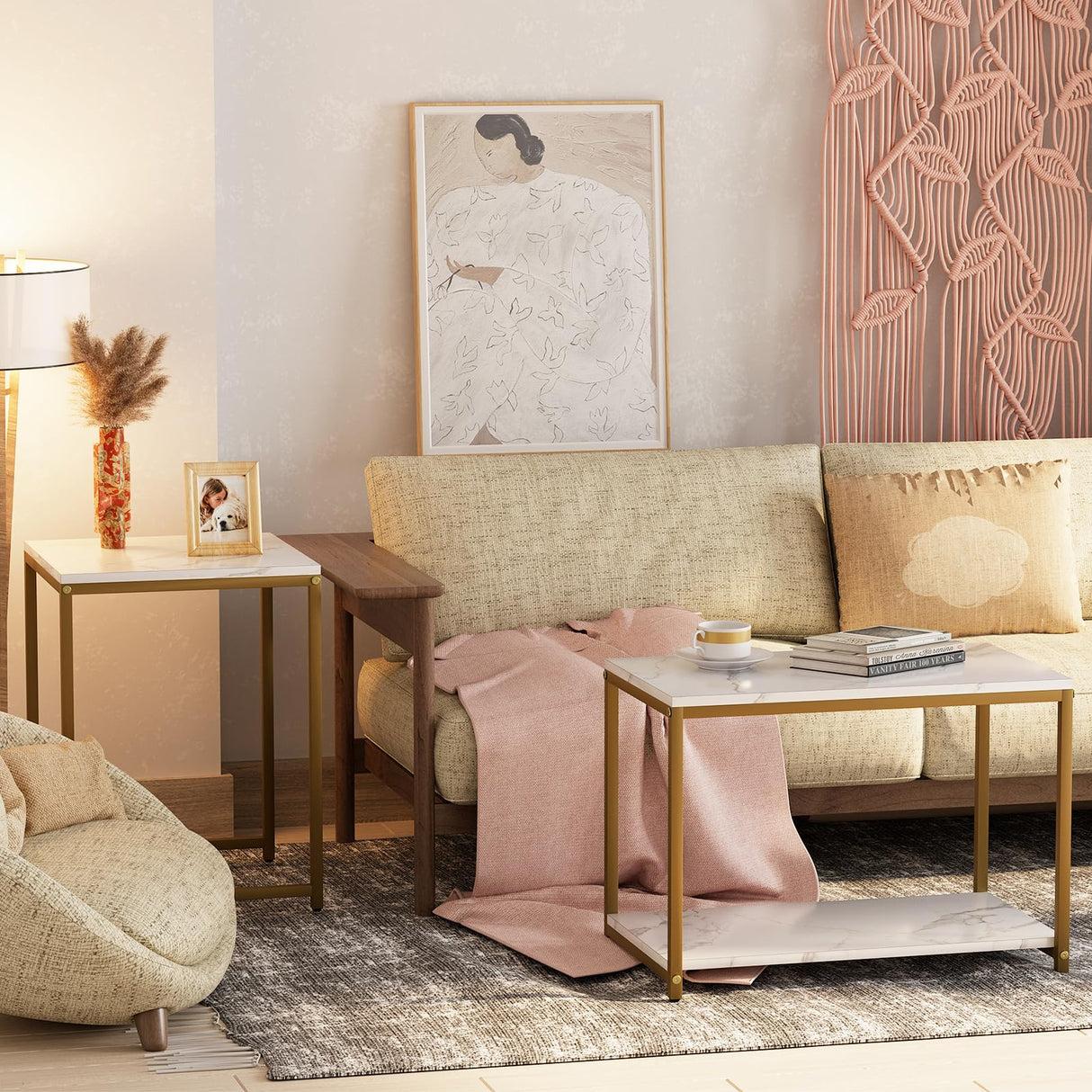 Coffee Table White Rectangular Table for Living Room,Nesting Coffee Table Set of 2 Storage