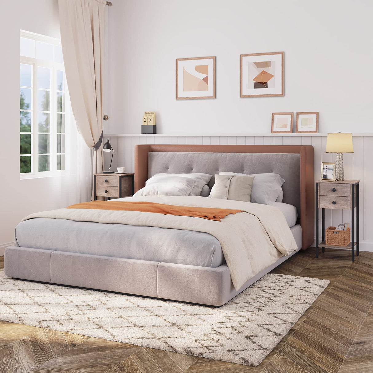 Tall Nightstand, Bedside Table with 2 Drawers and Storage Shelf, Industrial Telephone End