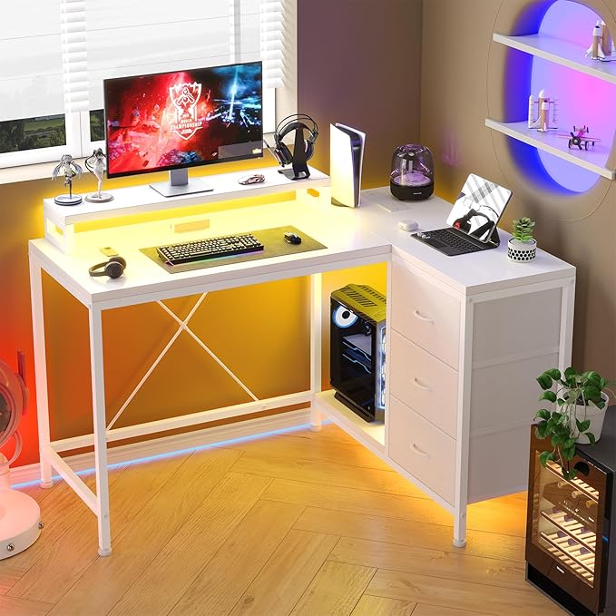 Shaped Desk with Power Outlets & LED Lights, Computer Desk with Drawers & Shelves,