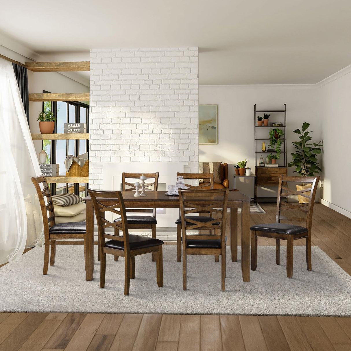 6, Rubber Wood Dining Table with 6 Cushioned Chairs Rustic Kitchen Table, 60" L x 36" W