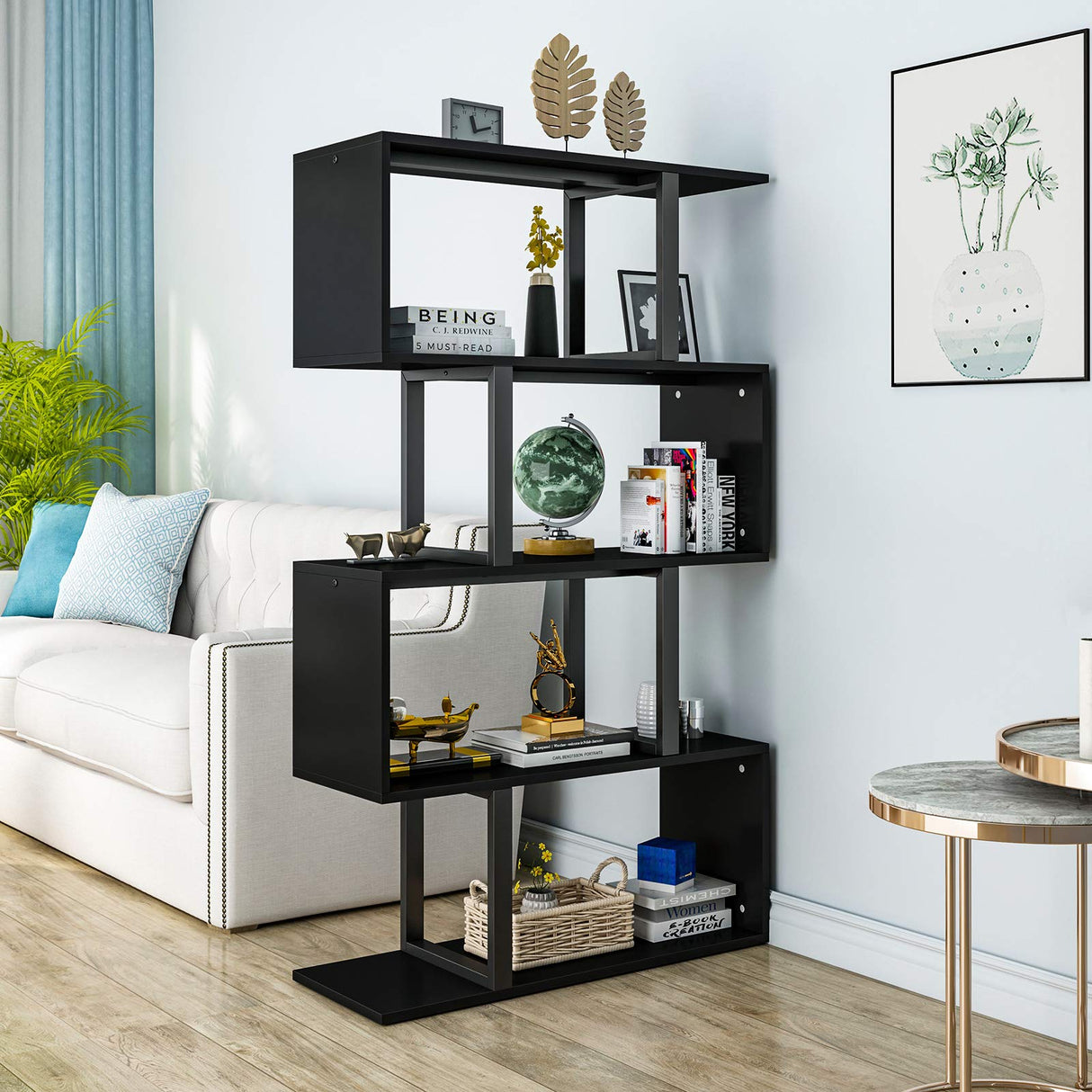 5-Tier Bookshelf, S-Shaped Z-Shelf Bookshelves and Bookcase, Modern Freestanding Multifunctional Decorative Storage Shelving for Living Room Home Office, Black