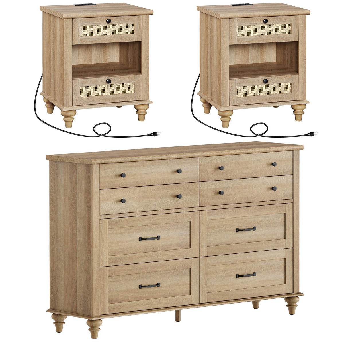 3 Piece Bedroom Set - Includes Bedroom 8 Drawer Dresser, Set of 2 Bedside Tables