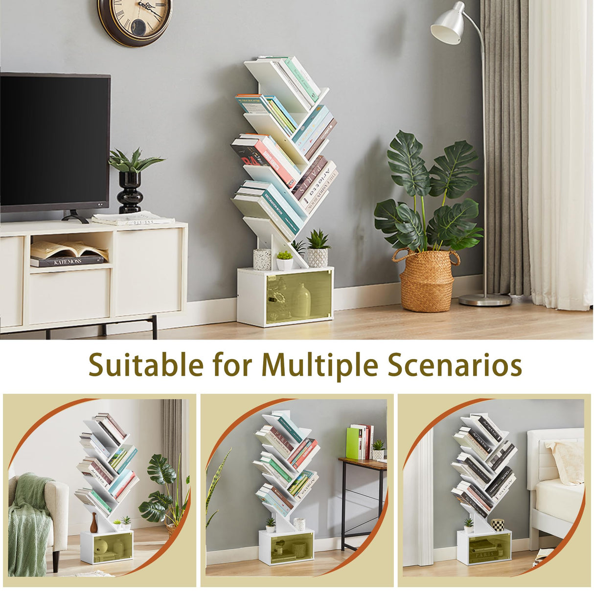 7-Tier Tree Bookshelf with Drawer, Wooden Tree-Shaped Book Display Shelves for CDs/Magazines/Books, FreeStanding Geometric Bookcase Organizers for Home Office, Ivory White