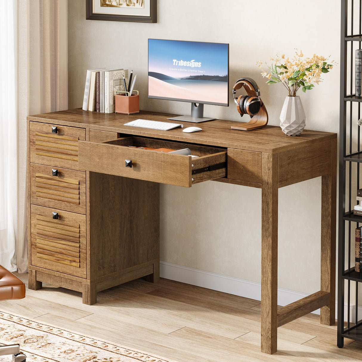 Wood Desk with 4 Drawers, Executive Desk with Storage, Home Office Desk with File
