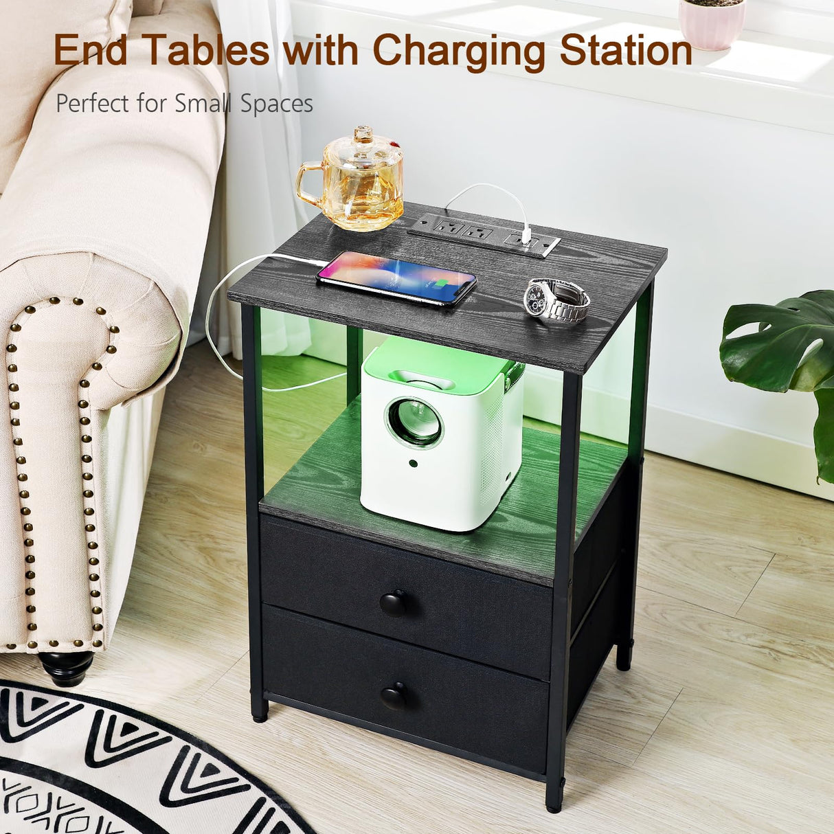 Night Stand Set 2, LED Nightstand with Charging Station