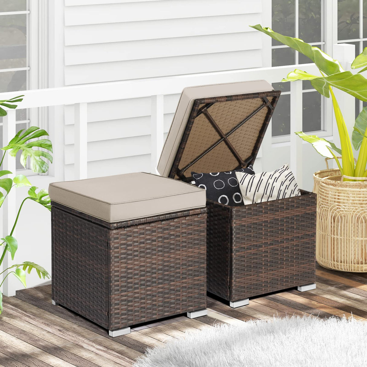 2-Pieces Patio Ottoman Set Outdoor Wicker Stool with Storage, Rattan Footrest Ottoman