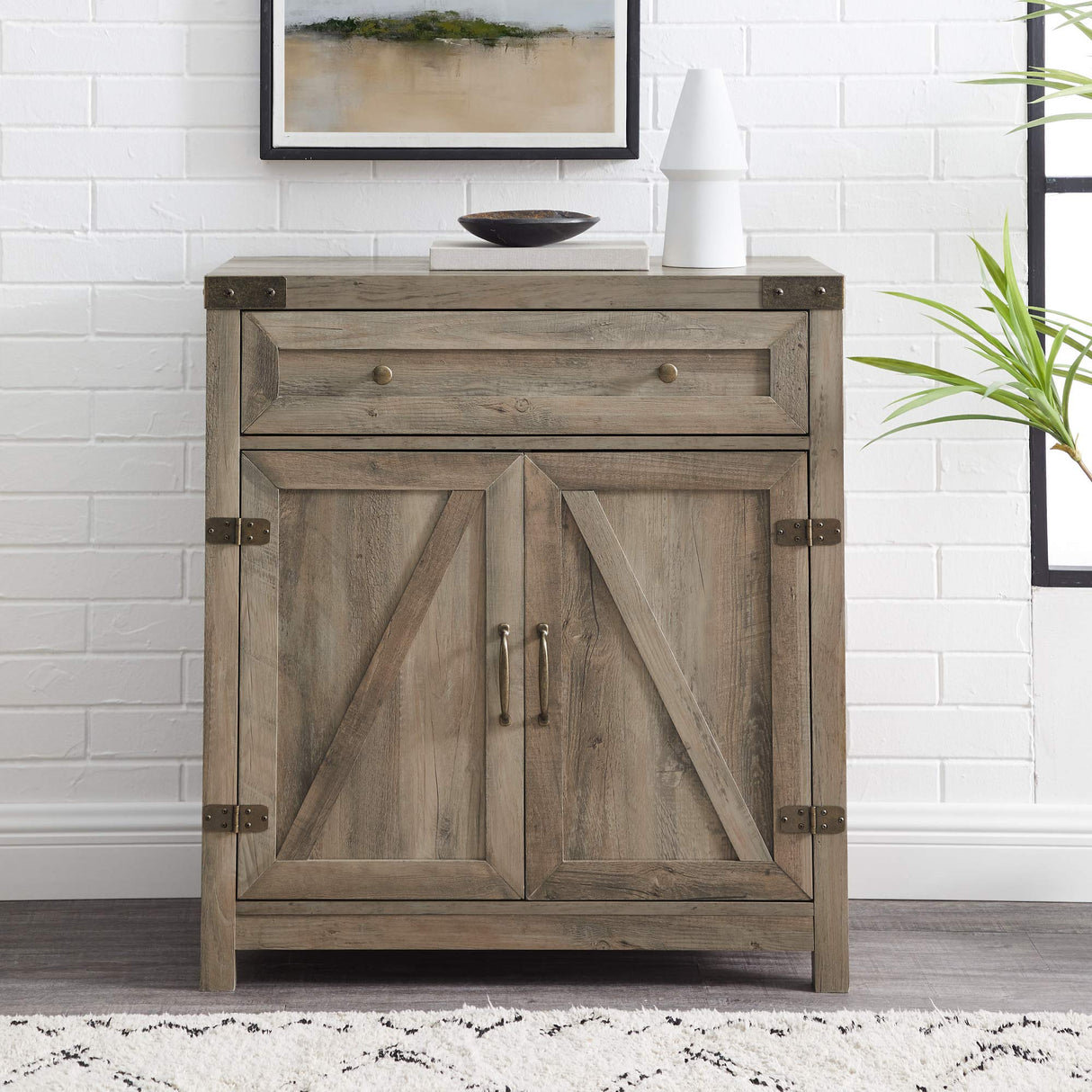 30" Farmhouse Barn Door Accent Cabinet - Grey Wash