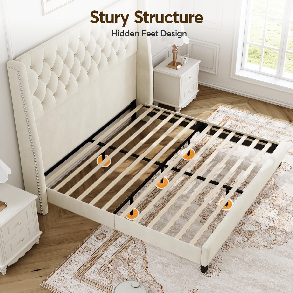 Queen Upholstered Bed Frame with 55" Tufted Headboard - Platform Bed, No Box Spring Needed