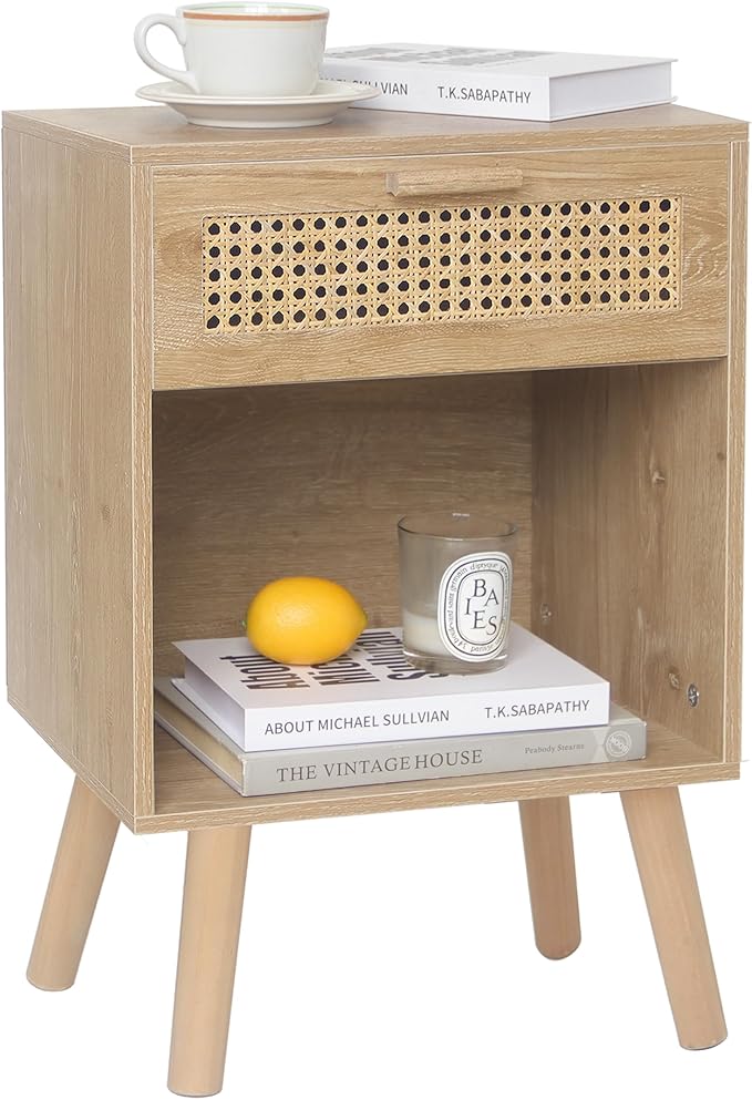 White Rattan Nightstand, Modern Nightstand with Rattan Drawer