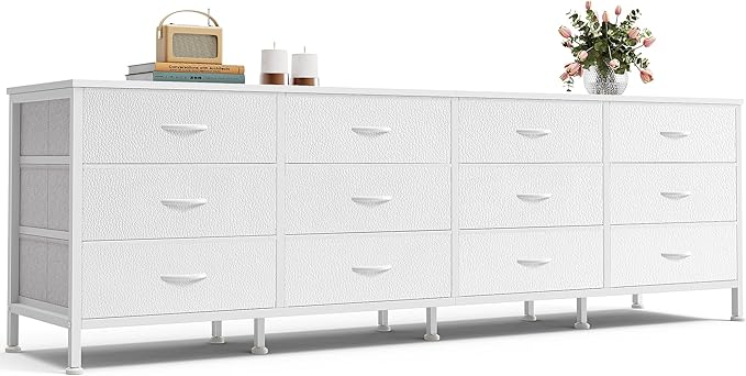 70 Inch Dresser for Bedroom, TV Stand for 65, 75, 80 Inch TV, 12 Fabric Drawer Long