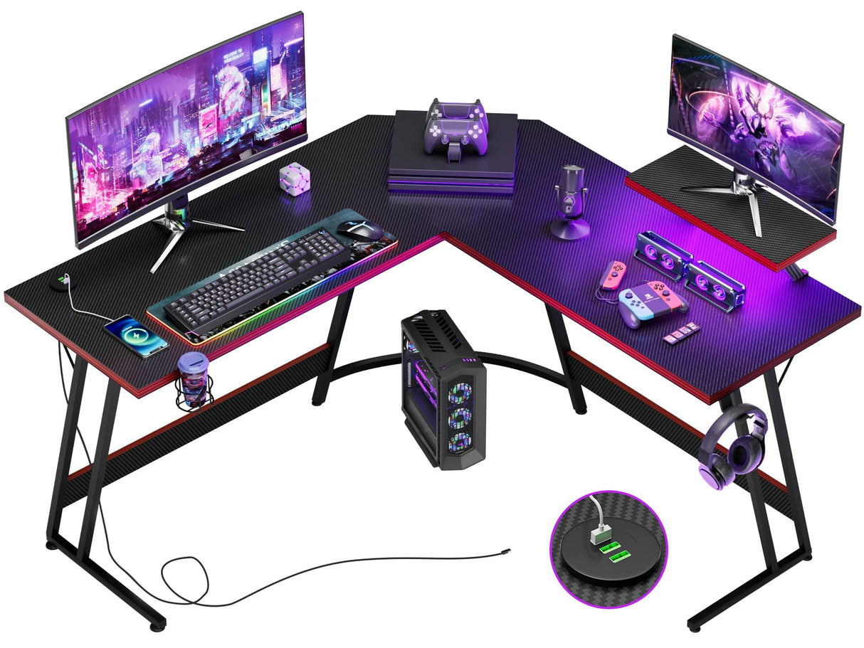 L Shaped Gaming Desk with LED Lights & Power Outlet, 51 Inch Fiber Surface Computer Table with Cup Holder & Headphone Hook, Black
