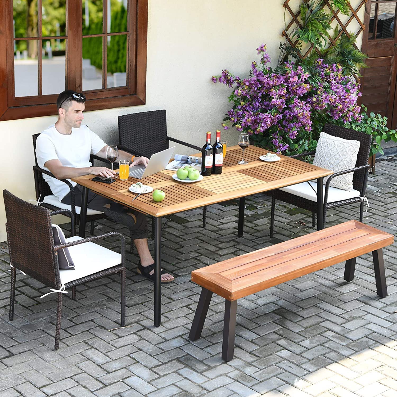2 Pieces Outdoor Acacia Wood Bench, Patio Dining Bench