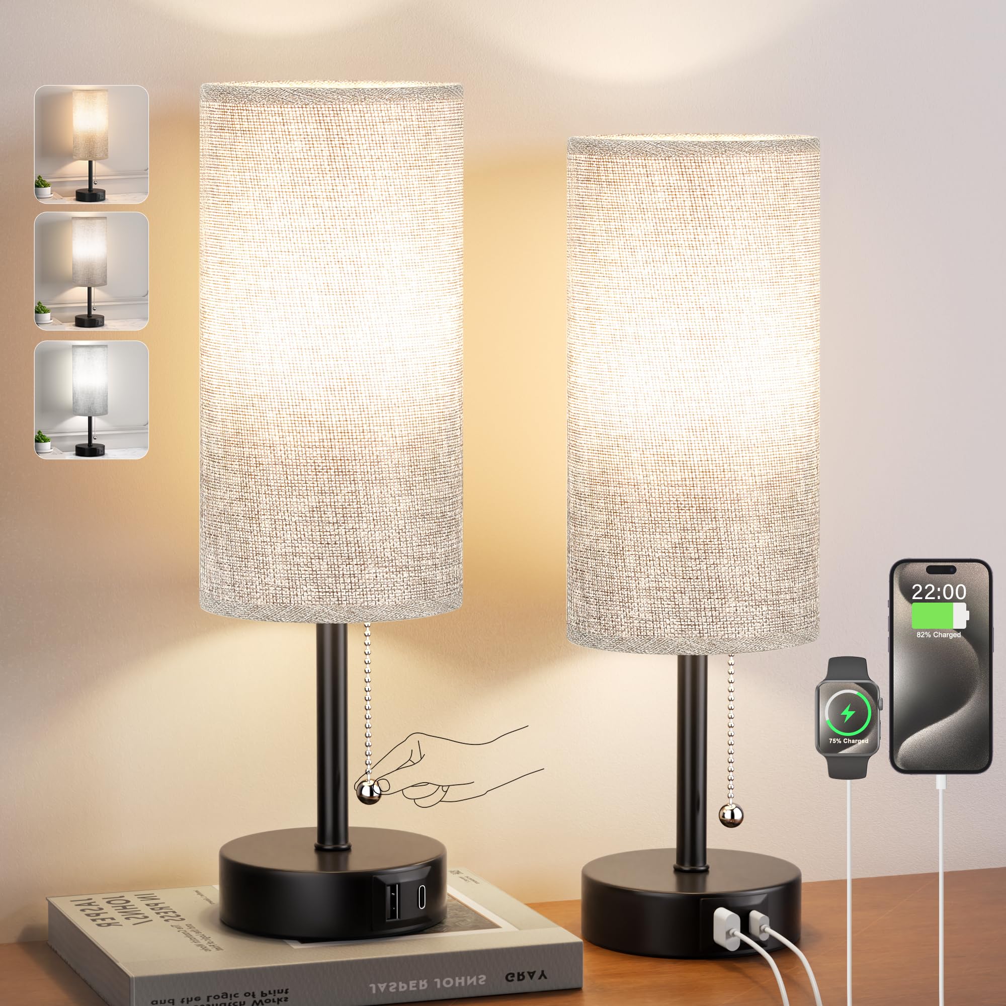 Grey Bedside Lamps for Bedroom Set of 2 - Nightstand Table Lamp