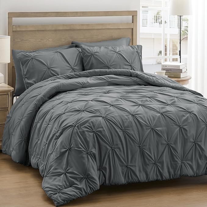 King Size Comforter Set Gray - Soft Fluffy Pintuck Down Alternative Bedding Set