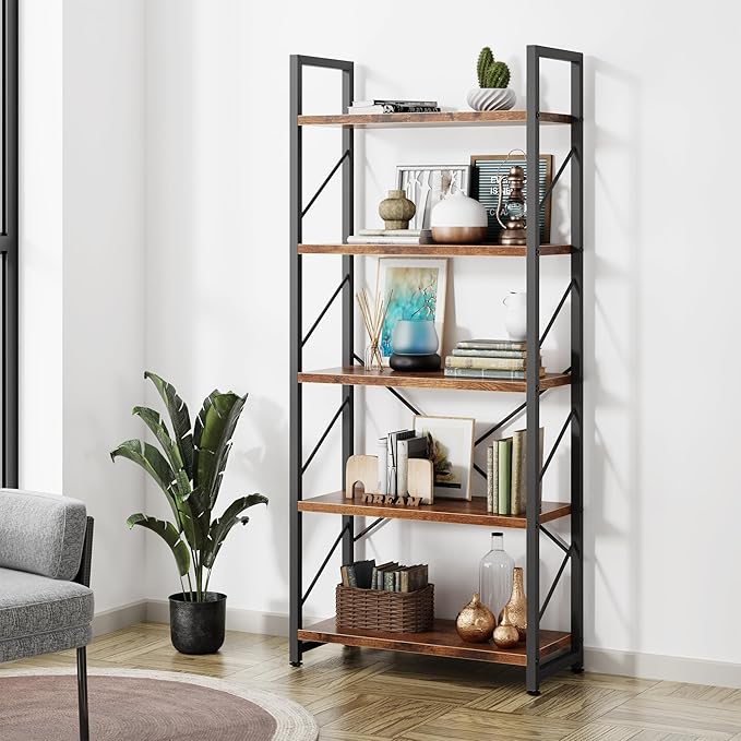 2 Pieces 5 Tiers Bookshelf, Classically Tall Bookcase Shelf, Industrial Book Rack
