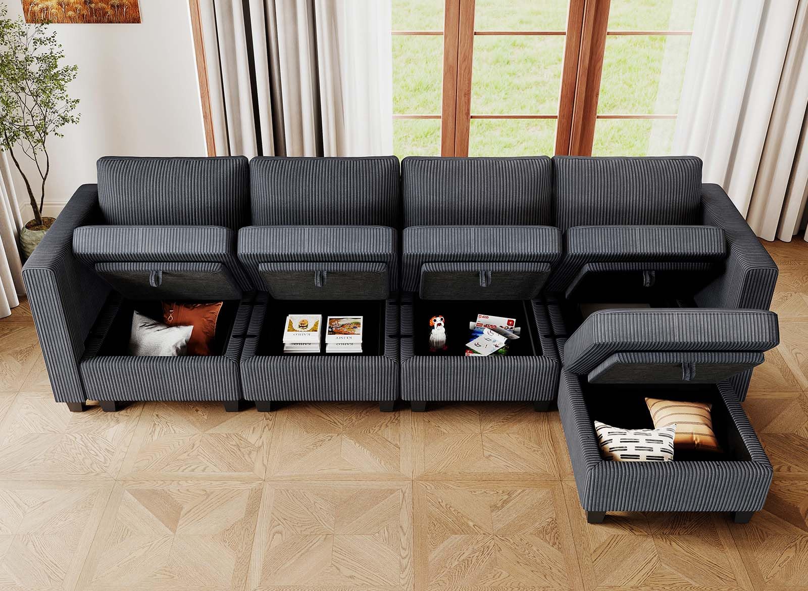 Modular Sectional Couch with Storage Ottoman L Shape Corduroy Sectional Sofa