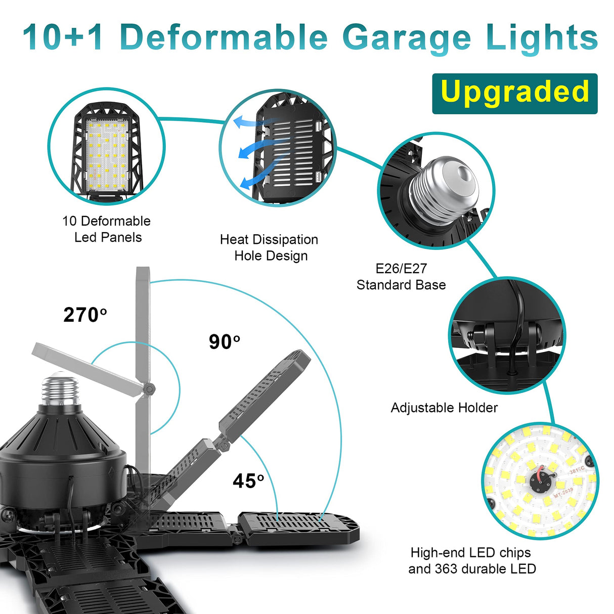 4-Pack LED Garage Light 180W - Deformable Shop Ceiling Lights