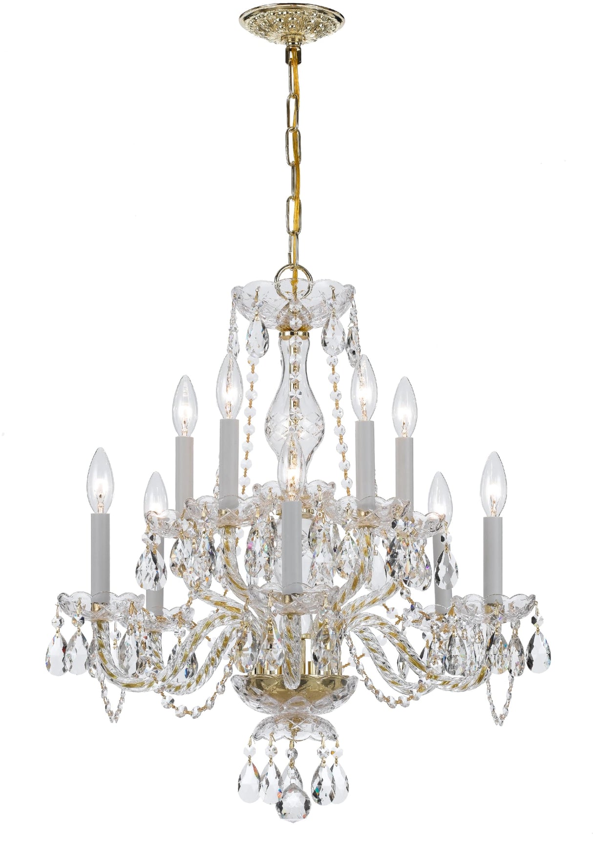 10 Light Clear Italian Crystal Polished Brass Chandelier