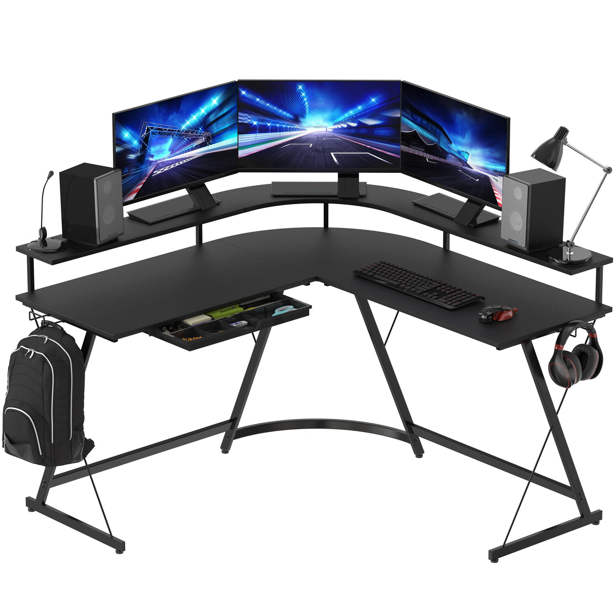 L Shaped Gaming Desk with Full Around Monitor Stand and Drawer, Black
