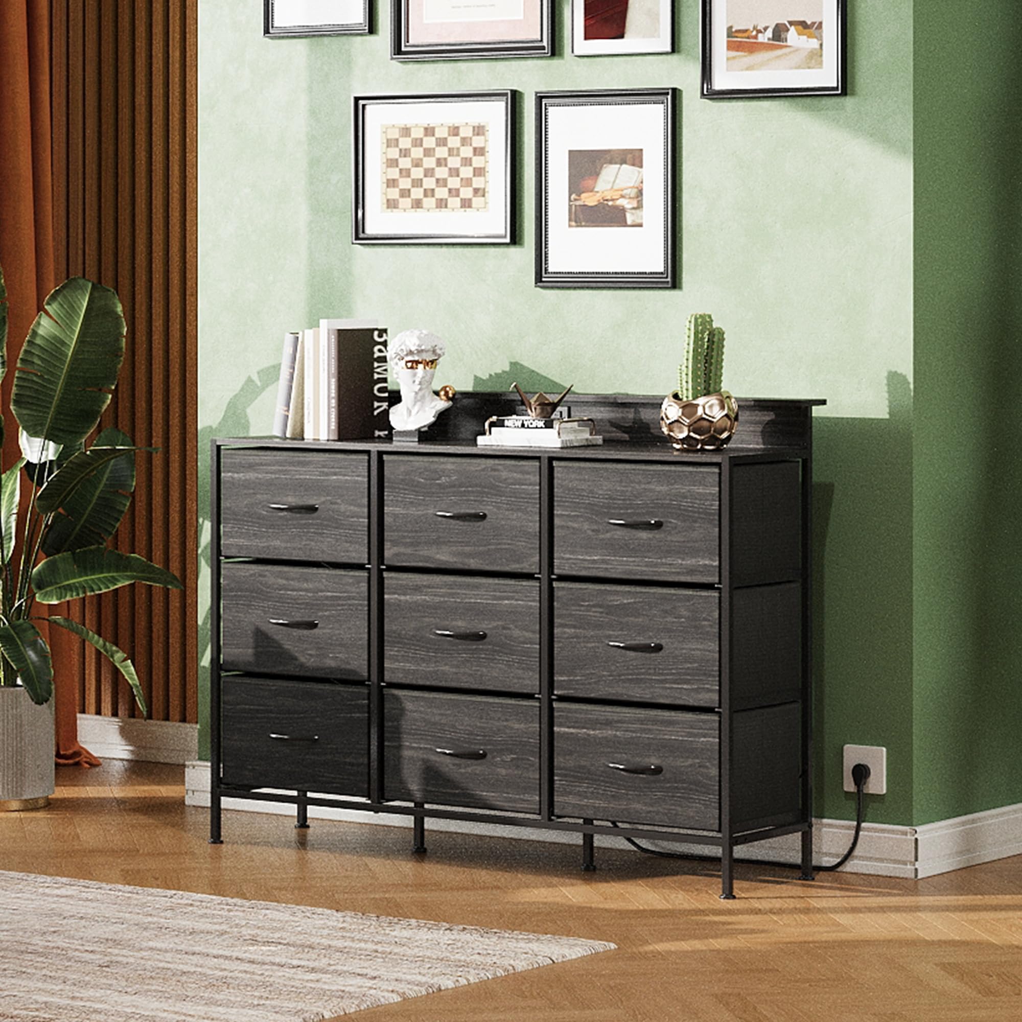 WLIVE Black Dresser TV Stand for 50, 55 inch, Led Dresser for Bedroom, Chest of Drawers with LED Lights, Charging Station, Clothes Storage with 9 Drawers, Wood Top, Living Room, Closet